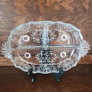 Fostoria Glass Navarre Pattern #327 Divided Relish Dish,Scalloped Footed Serving